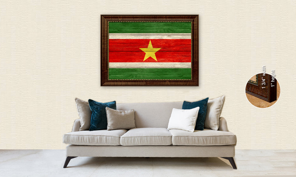 Suriname Country Textured Flag Print With Brown Gold Frame, 19"X27"