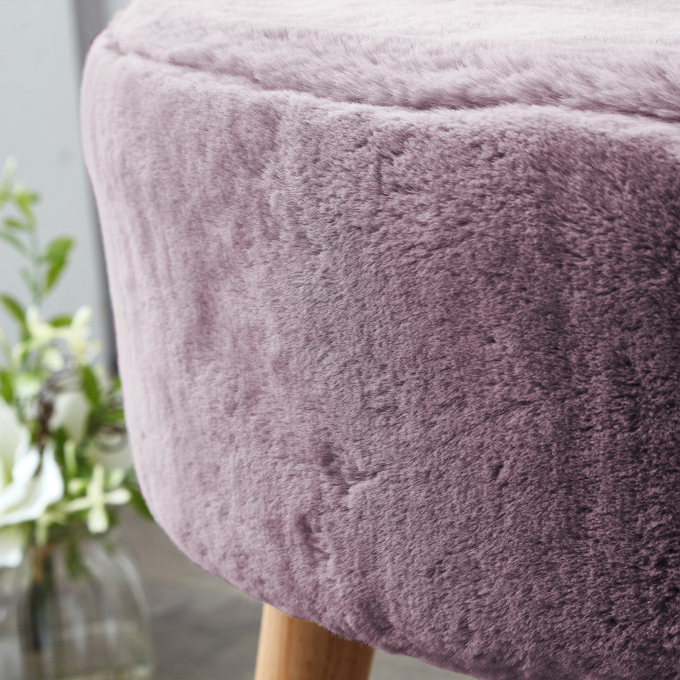 Solid Heavy Faux Fur Oval Ottoman, Wood Rose