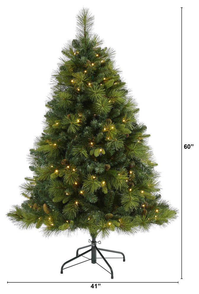5' North Carolina Pine Faux Xmas Tree W/Lights, Bendable Branches & Pinecones