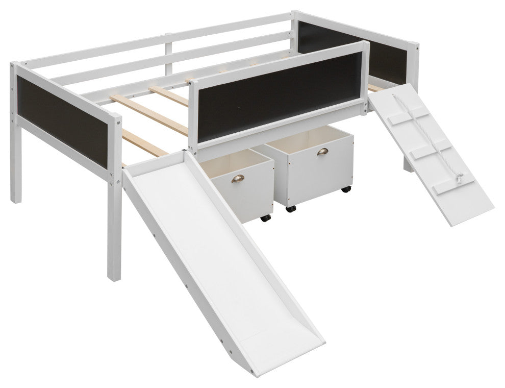 Gewnee Wood Twin Loft Bed with Two Storage Boxes and Slide in White