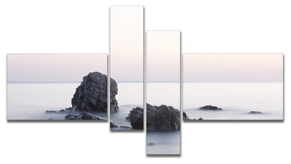 Rocks in the Sea Black and White, Seashore Canvas Art Print, 60"x32", 4 panels