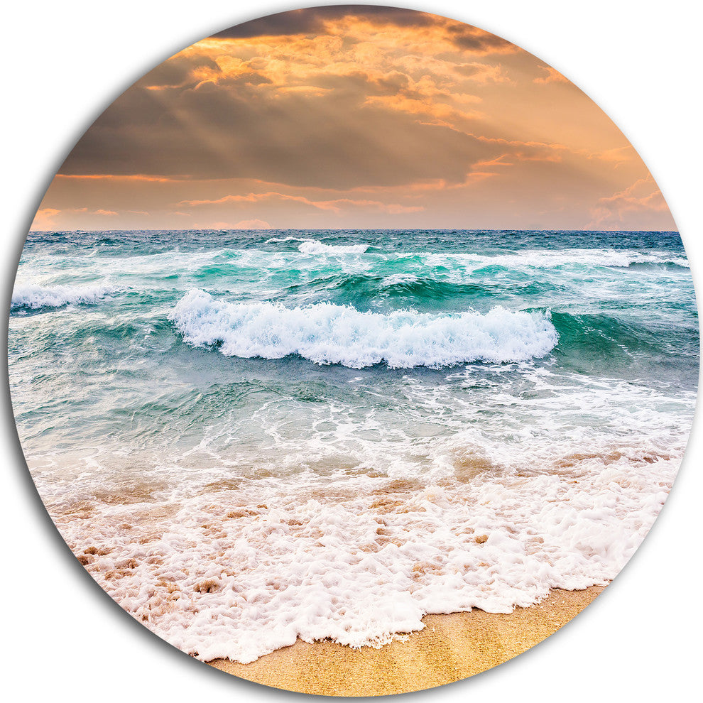 Blue Sea Waves Kissing Sandy Beach, Seashore Round Metal Wall Art, 38"
