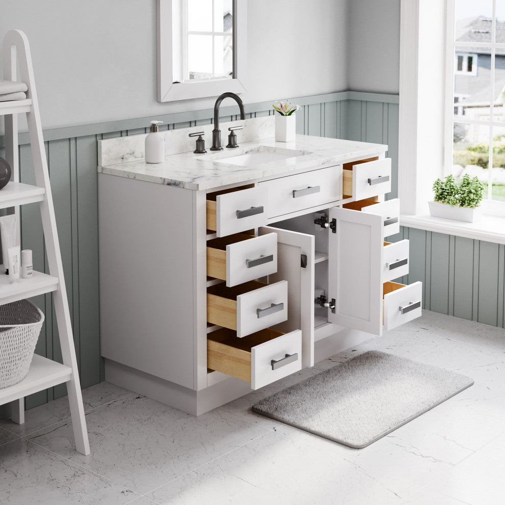 Hartford 48" Single Sink Marble Countertop Bath Vanity, White, Vanity With Mirror