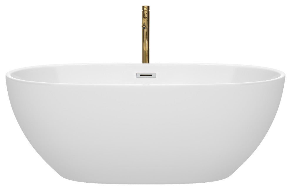 Juno Freestanding Bathtub, Polished Chrome Trim, 63", Faucet in Brushed Gold