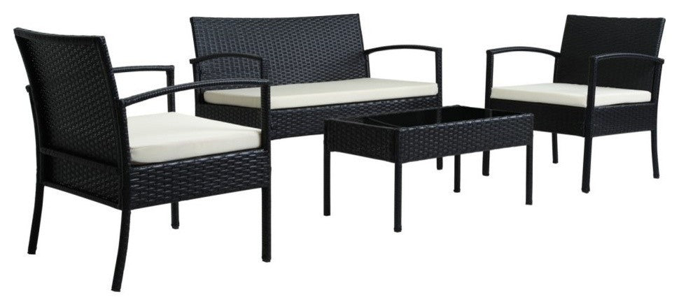 Teaset 4-Piece Black Wicker Patio Conversation Set with Beige Cushions
