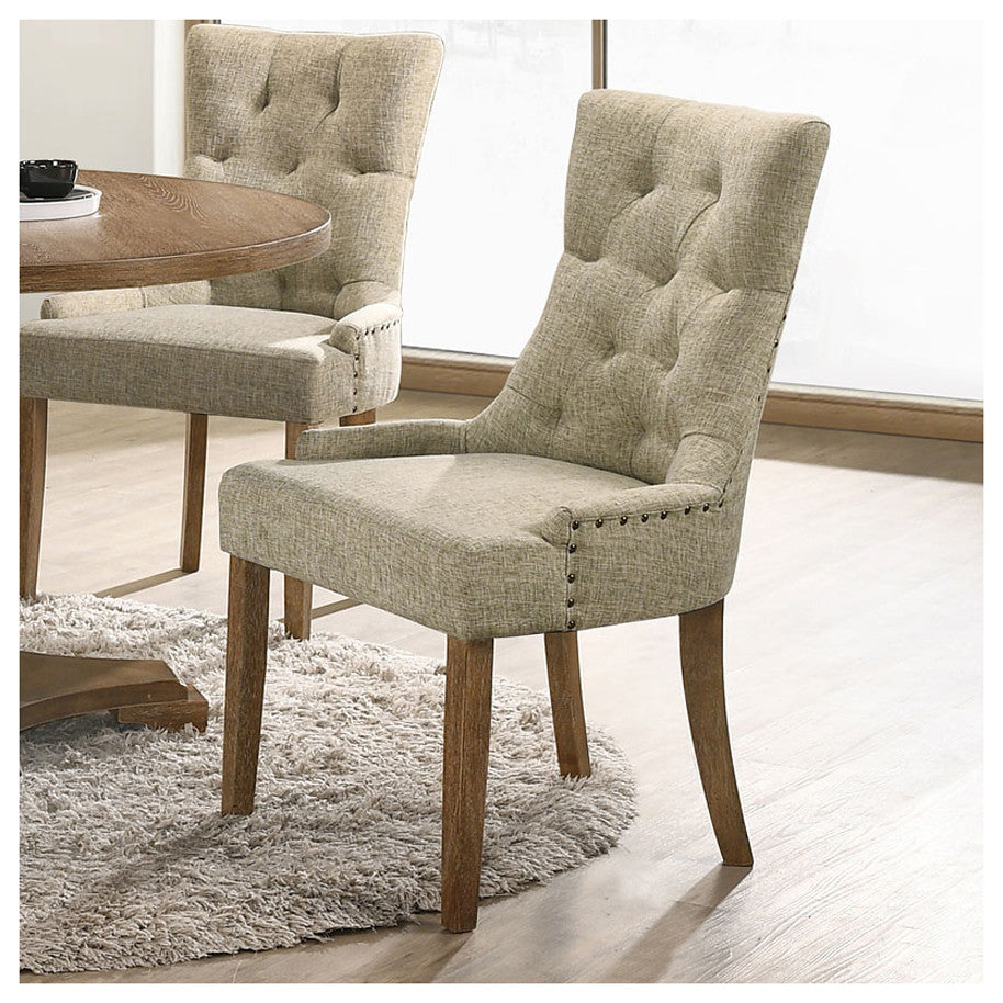 Set of 2 Beige Fabric Side Chair, Salvaged Oak Finish