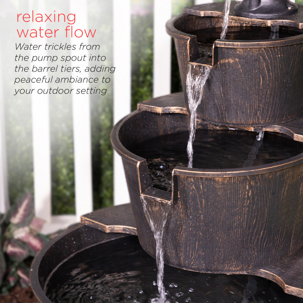 40" Tall Outdoor 3-Tier Barrel Pump Waterfall Fountain, Brown