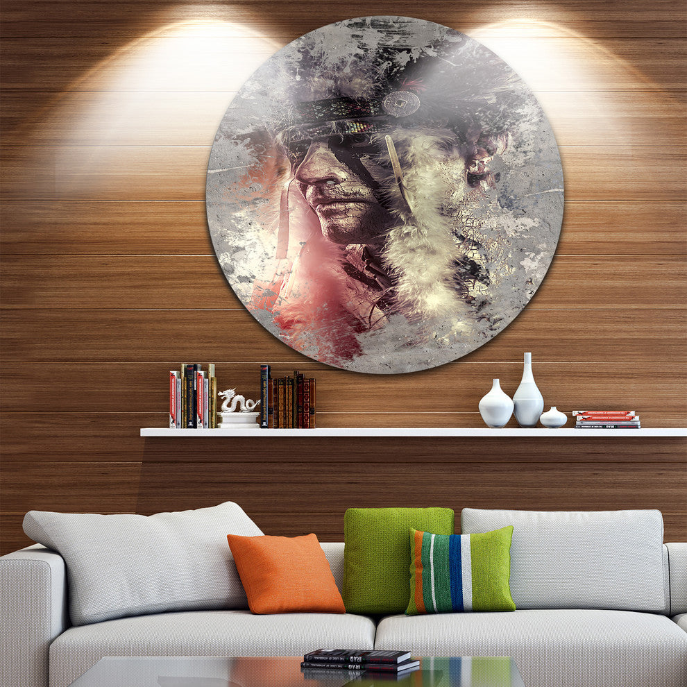 Native American Indian Warrior, Portrait Round Metal Wall Art, 23"