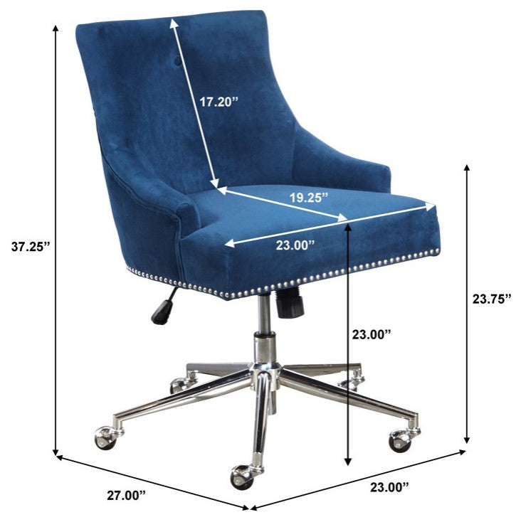 Contemporary Office Chair, Blue Velvet Seat With Sloped Arms & Nailhead Trim