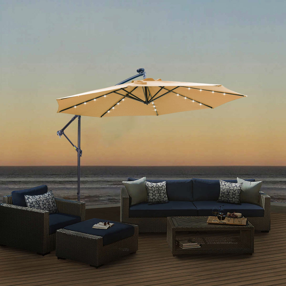 10' Steel Patio Hanging Cantilever Umbrella With 32 Solar LED Lights, Taupe