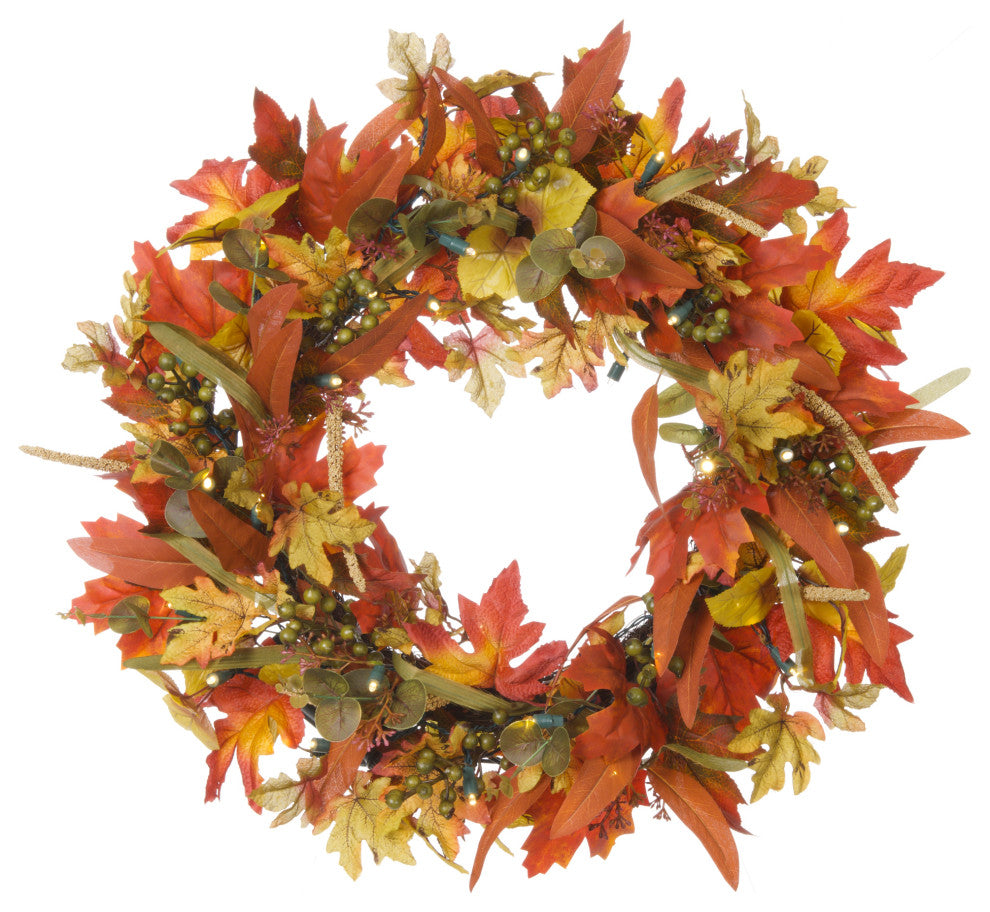 24 in. Holiday Wreath with Lights, Fall Harvest Leaf