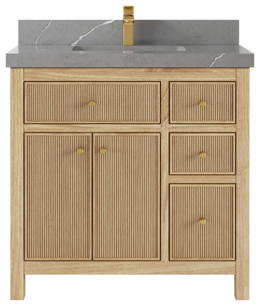 Sonoma Teak 36 Center Sink Vanity in Light  Natural with 2" Piatra Gray Quartz