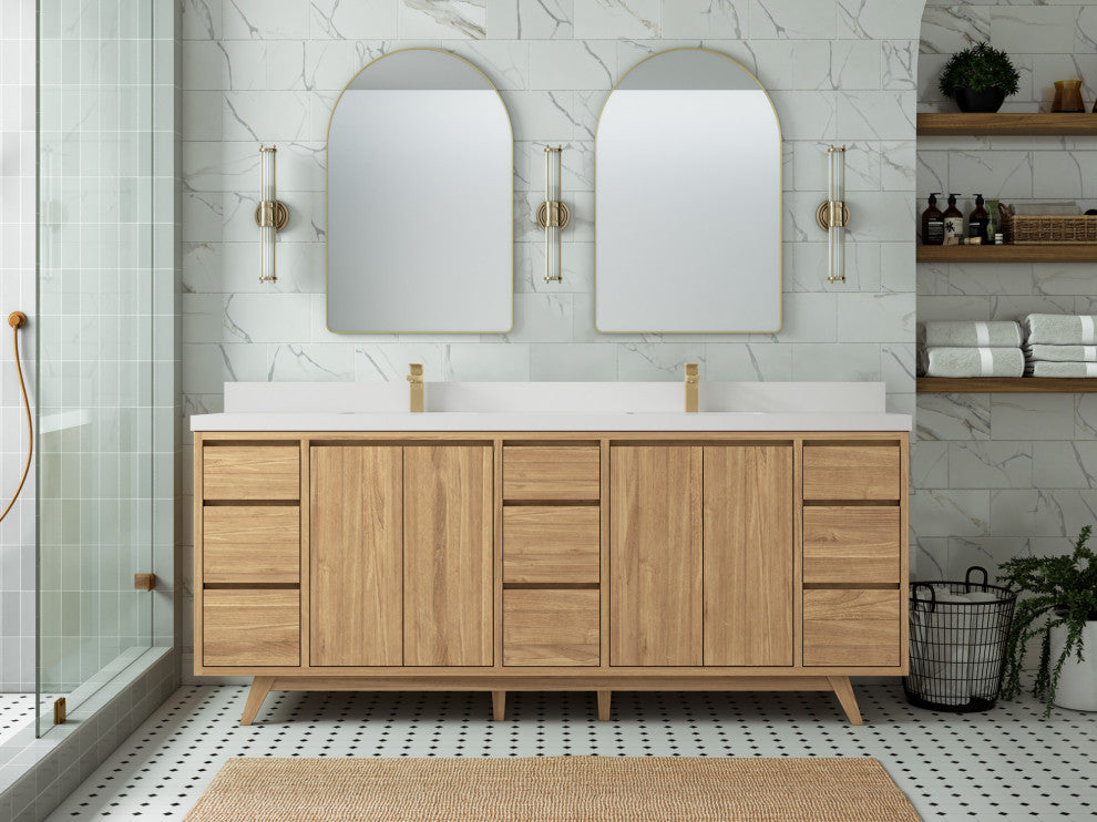 Madison Teak 84 Double Sink Bath Vanity in Light Natural 2" White Quartz
