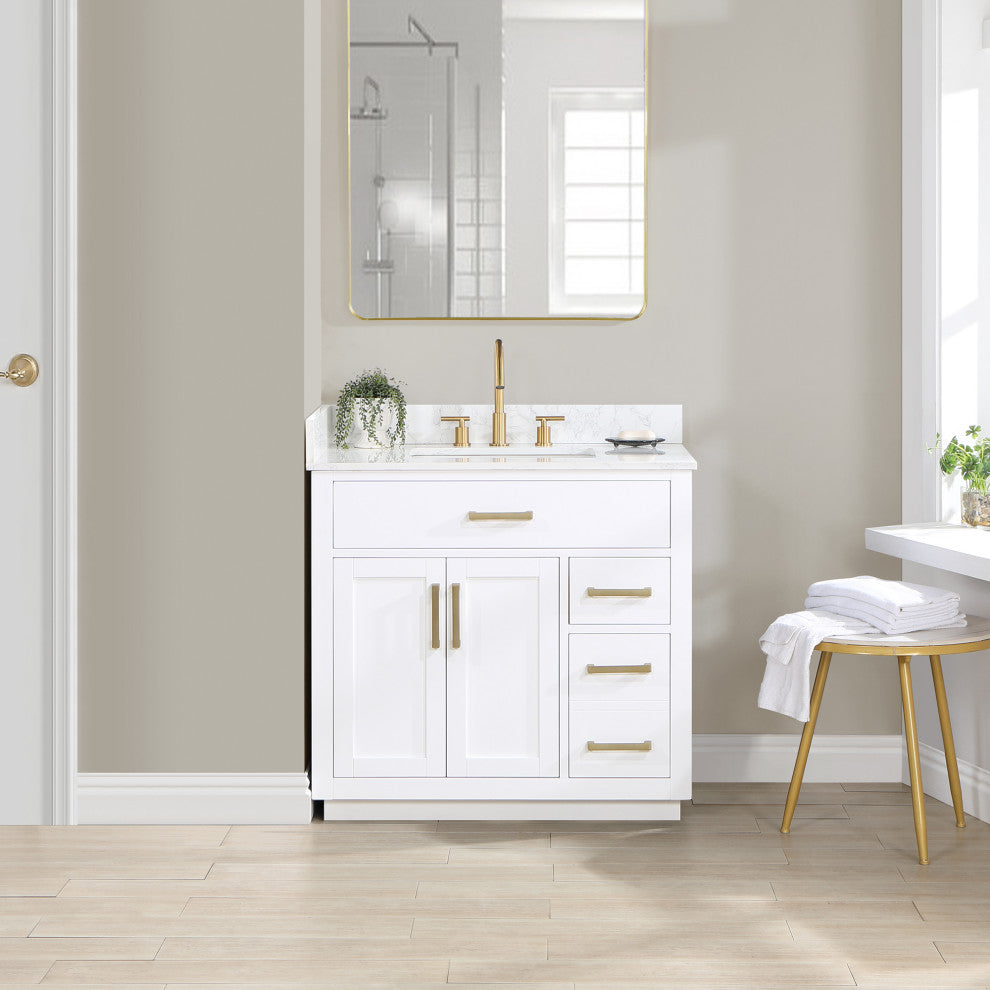 Gavino Vanity With Grain White Composite Stone Top, White/Brushed Gold, 36", No Mirror