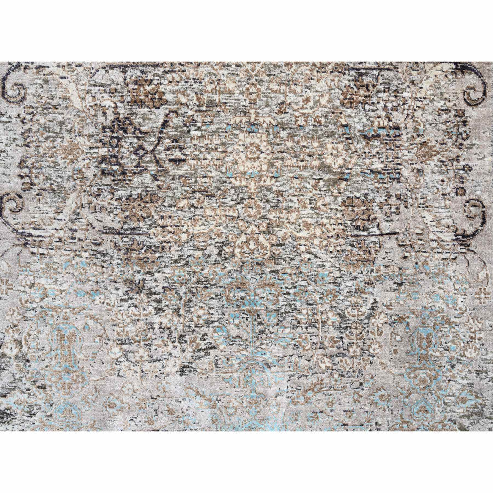 Gray, Modern Persian, Silk With Wool Hand Knotted Wide Runner Rug, 4'0"x10'0"