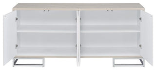 Interior/close view showing the interior shelves with doors open on white background.