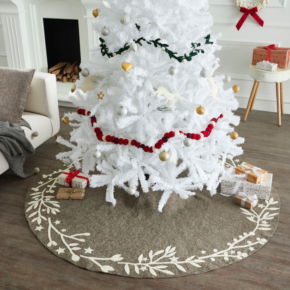 Handmade Christmas Tree Skirt, Felt Branches and Stars on Gray