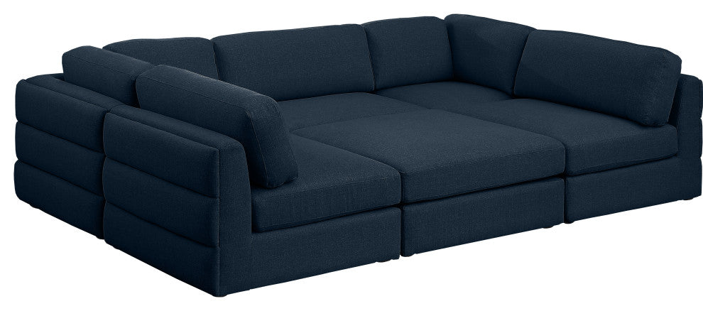 Beckham Linen Textured Fabric 6-Piece Modular U-Shaped Sectional, Navy