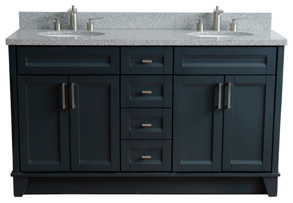 61" Double Sink Vanity, Dark Gray Finish And Gray Granite And Oval Sink