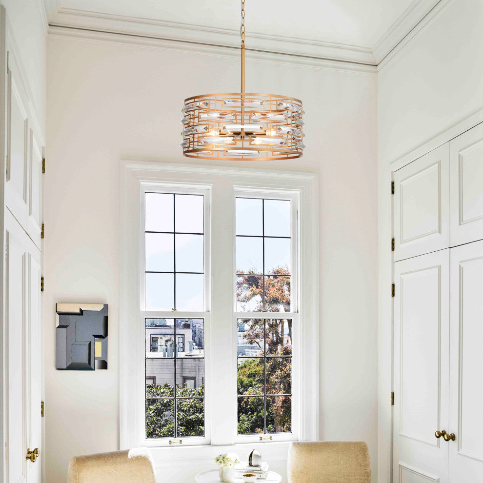Sue Drum Shade Chandelier With Clear Glass Crystal Prism 6-light, Glossy Brassï¼Œ