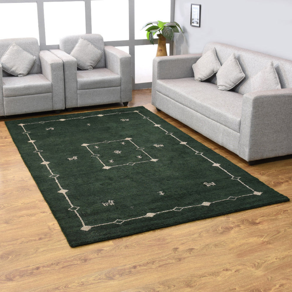 HAND KNOTTED LOOM SILK AREA RUGS-8'x10',Rectangle,Dark Green,Contemporary
