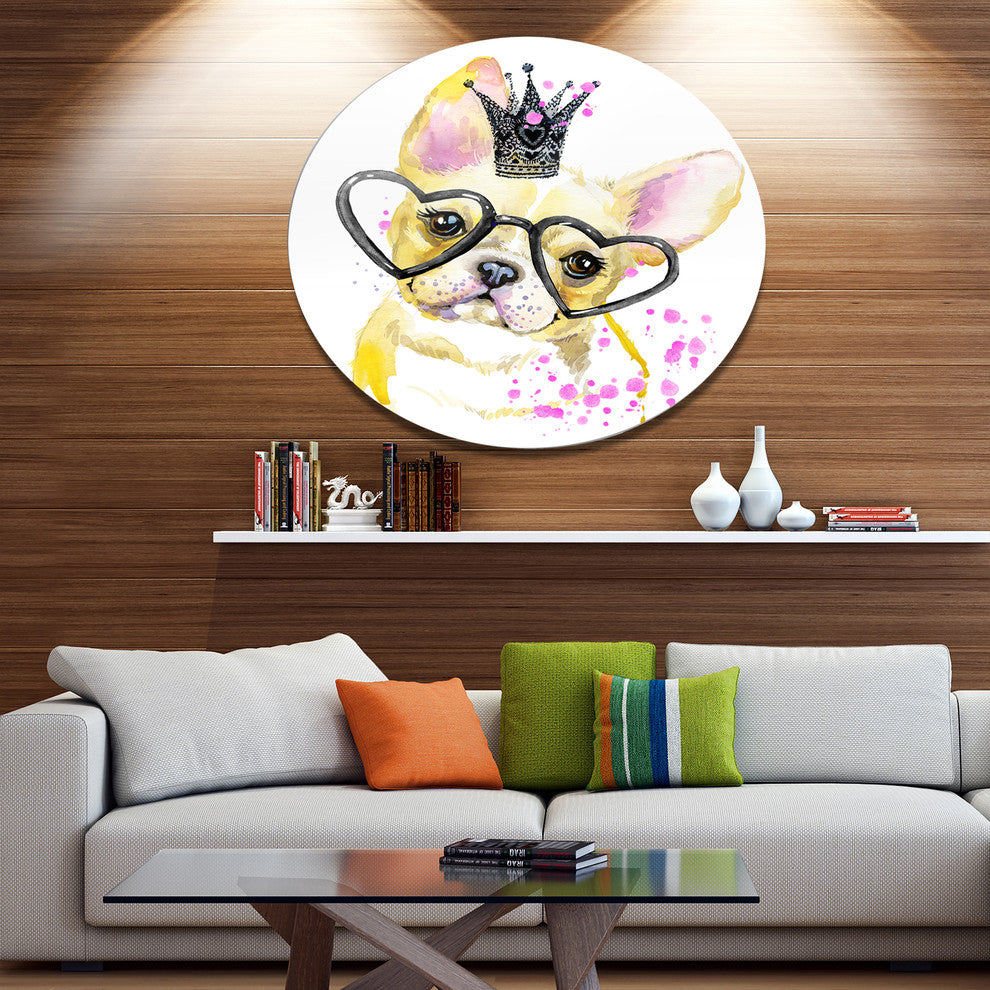 Funny Dog With Glasses, Contemporary Animal Art Disc Metal Artwork, 36"
