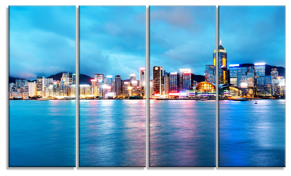 Colorful Hong Kong at Night, Cityscape Canvas Art Print, 48"x28", 4 Panels