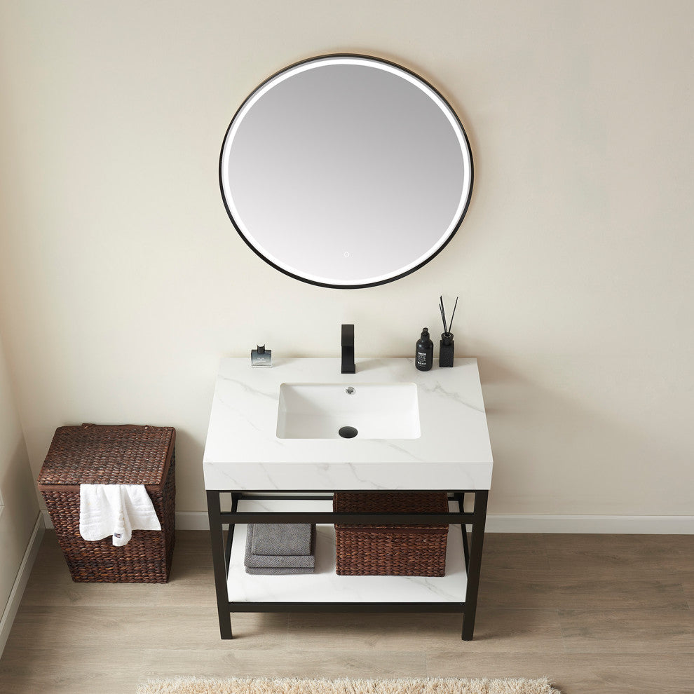 Funes Bath Vanity with Mirror, Matte Black Support, 36'''', White Stone Top
