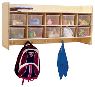 10 Section Wood Cubbies Storage, Red Bins, Wall Hanging Organizers