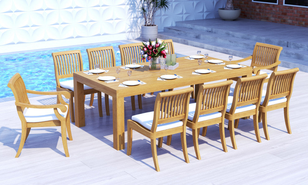 9-Piece Outdoor Teak Dining Set, 86" Rectangle Table, 8 Arbor Stacking Chairs