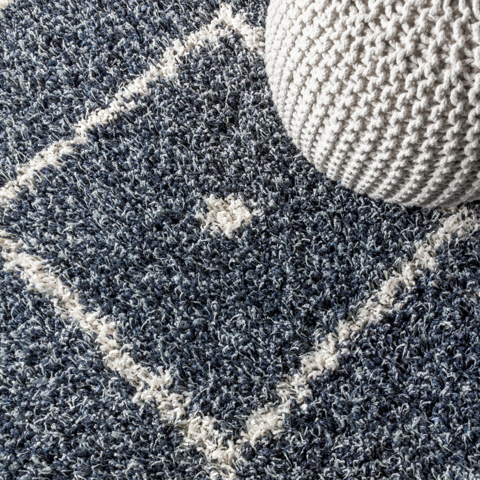 Mercer Shag Plush Tassel Moroccan Diamond Area Rug, Denim Blue/Cream, 3 X 5