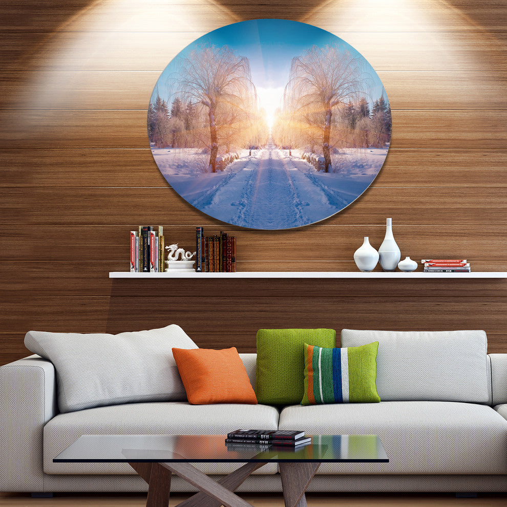 Winter Landscape In City Park, Landscape Disc Metal Artwork, 23"