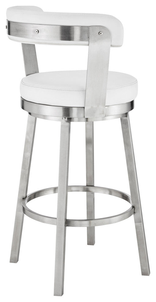 30" Chic White Faux Leather With Stainless Steel Finish Swivel Bar Stool