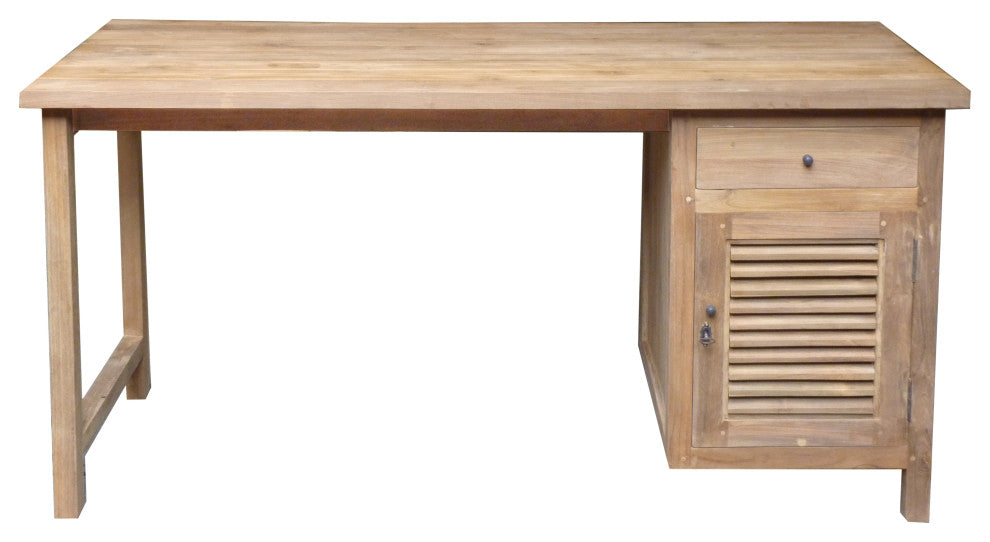 Recycled Teak Wood Louvre Writing Desk with 1 Door & Drawer