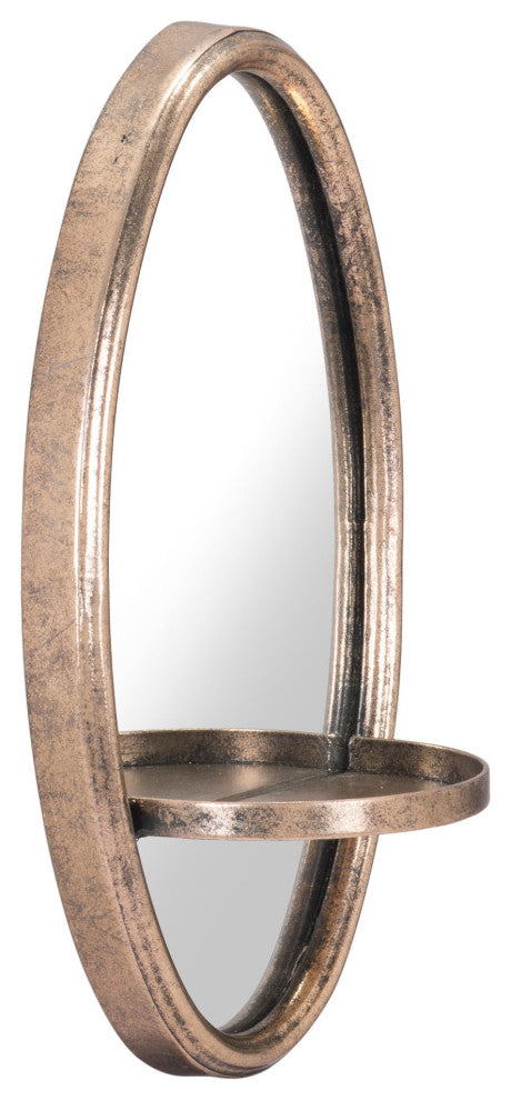 Antiqued Gold Oval Mirror With Petite Shelf