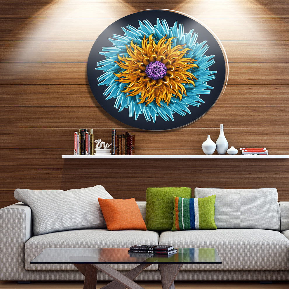 Yellow Blue Abstract 3D Flower, Flowers Disc Metal Artwork, 23"