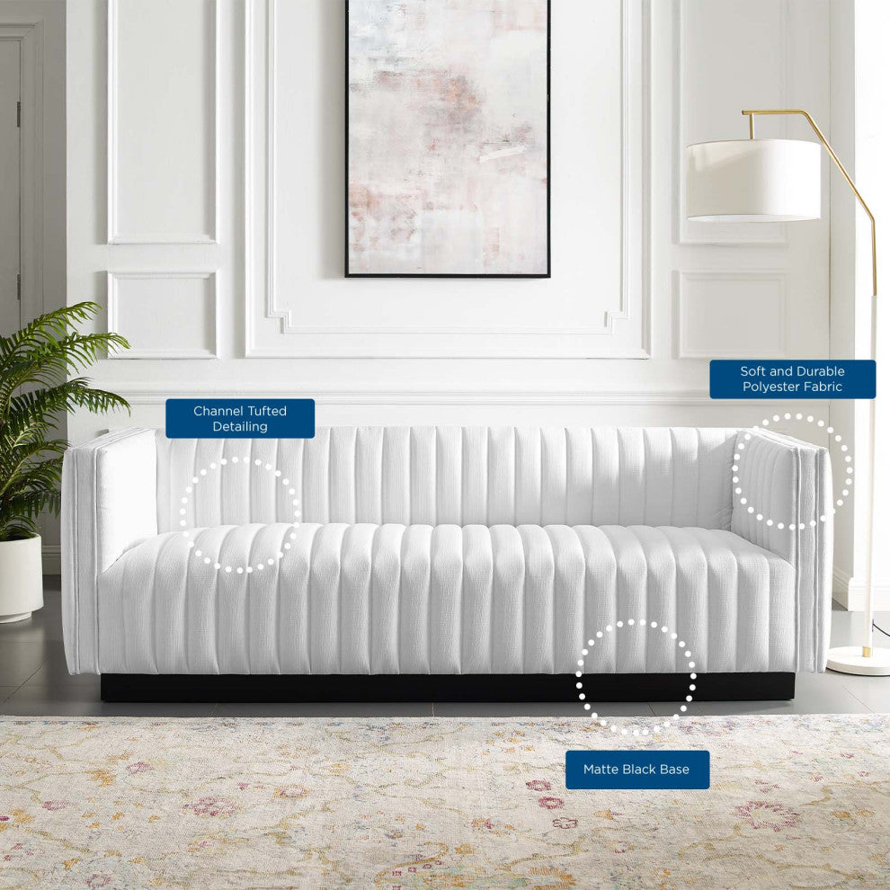 Tufted Sofa, Fabric, White, Modern, Living Lounge Room Hotel Lobby Hospitality