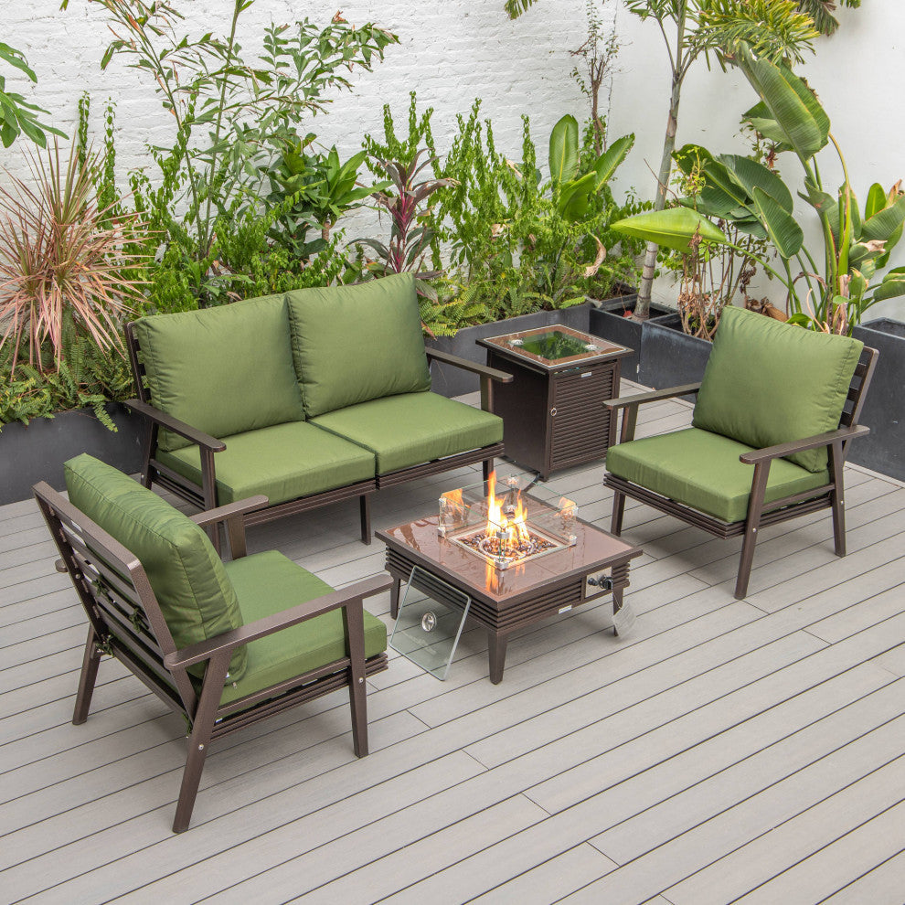 LeisureMod Walbrooke Patio Conversation Set With Fire Pit Table, Green