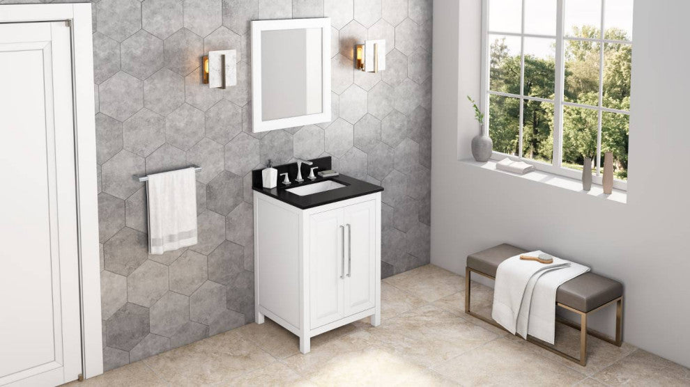 Cade Transitional 24" White Bathroom Vanity, Black Granite Vanity Top