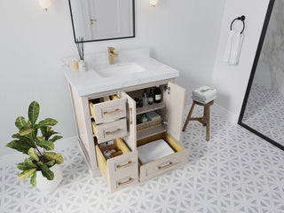 Boston 36" Center Sink Bath Vanity in Fine Grain 2" White Quartz