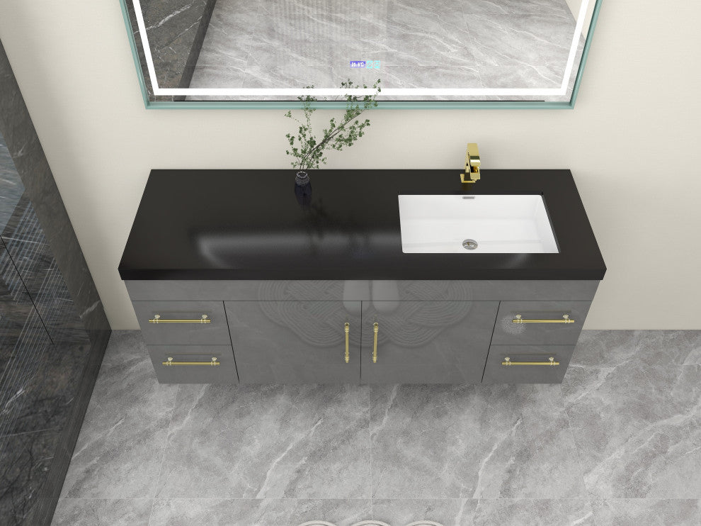 Rosa 60" Wall Mounted Modern Vanity, High Gloss Gray, Matt Black Top