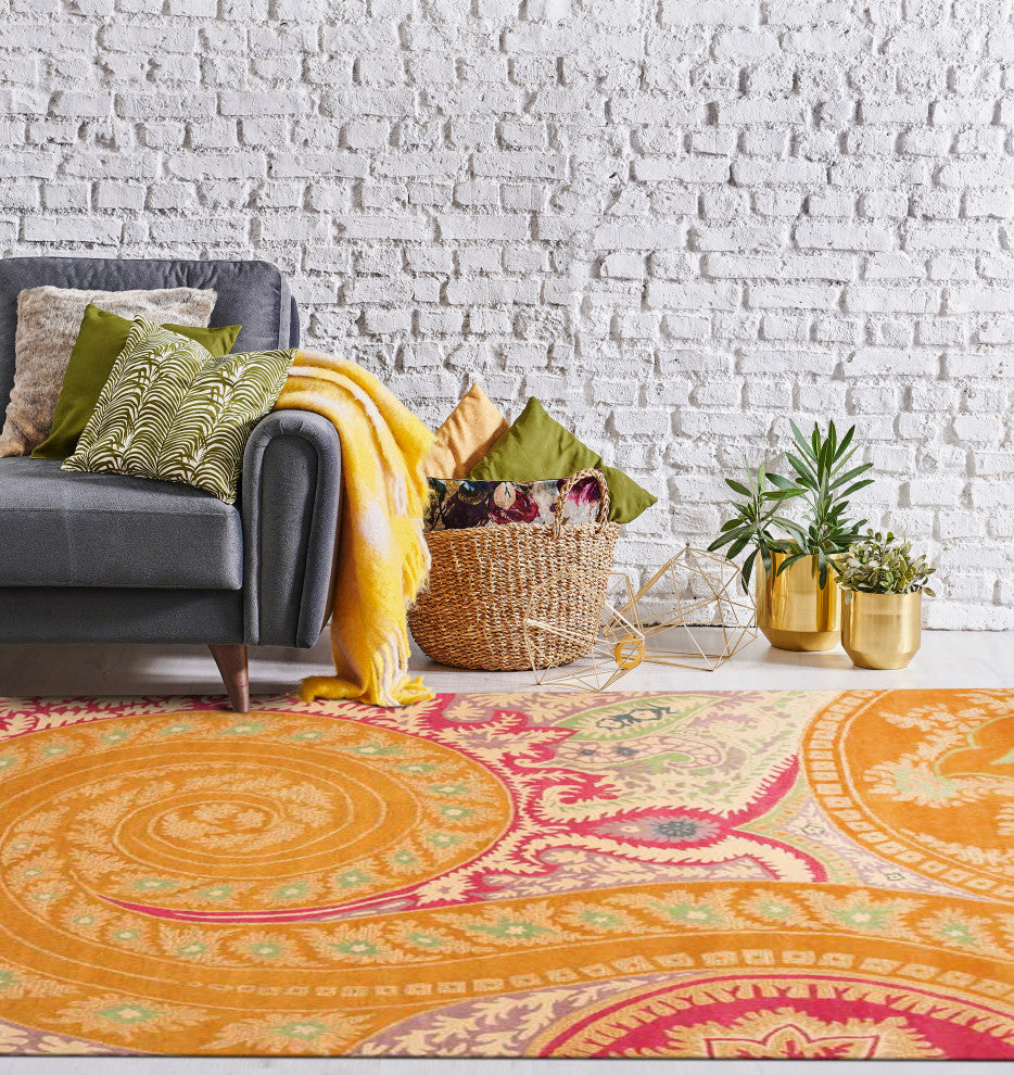 Hand-Tufted Wool Orange Transitional Floral Paisley Rug, 4' Round
