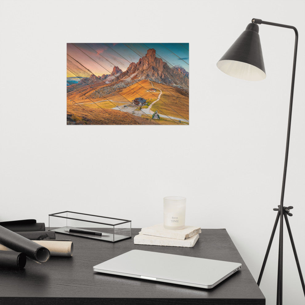 Faux Wood Majestic Sunset & Alpine Mountain Landscape Photo Wall Art Print, 12" X 18"