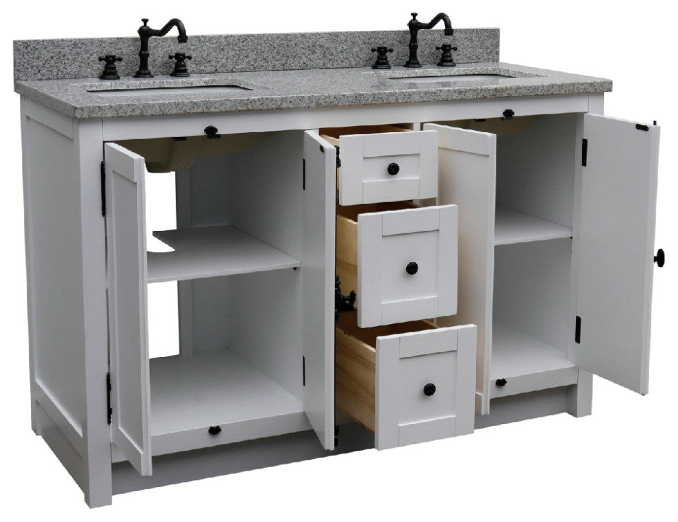 55" Double Vanity, Glacier Ash With Gray Granite Top, Mirrors & Rectangle Sinks
