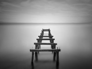 Soft Lake and Abandoned Pier Black and White Landscape Photo Canvas Art Print, 16" X 20"