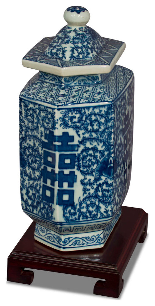 Blue and White Porcelain Tea Jar Double Happiness Motif
