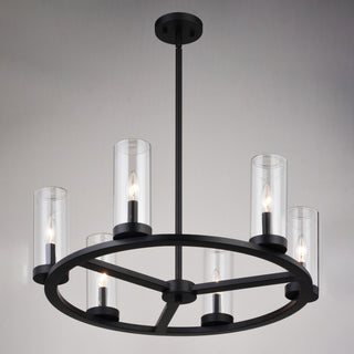 Grantley 6 Light Matte Black Wheel Chandelier Fixture Clear Glass LED Compatible