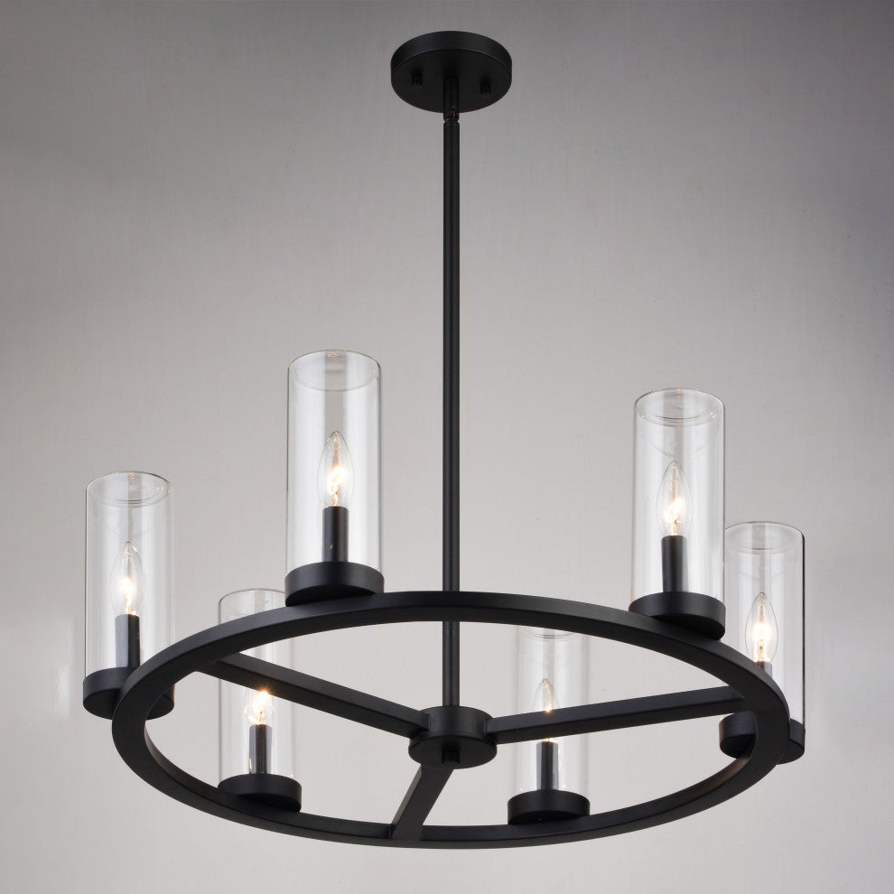 Grantley 6 Light Matte Black Wheel Chandelier Fixture Clear Glass LED Compatible