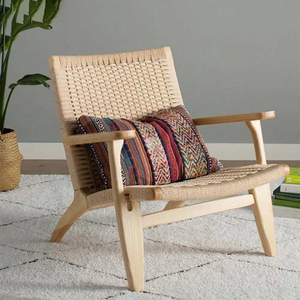 Japandi Wood Outdoor Patio Lounge Chair Armchair Kraft Paper Rope Woven Seat