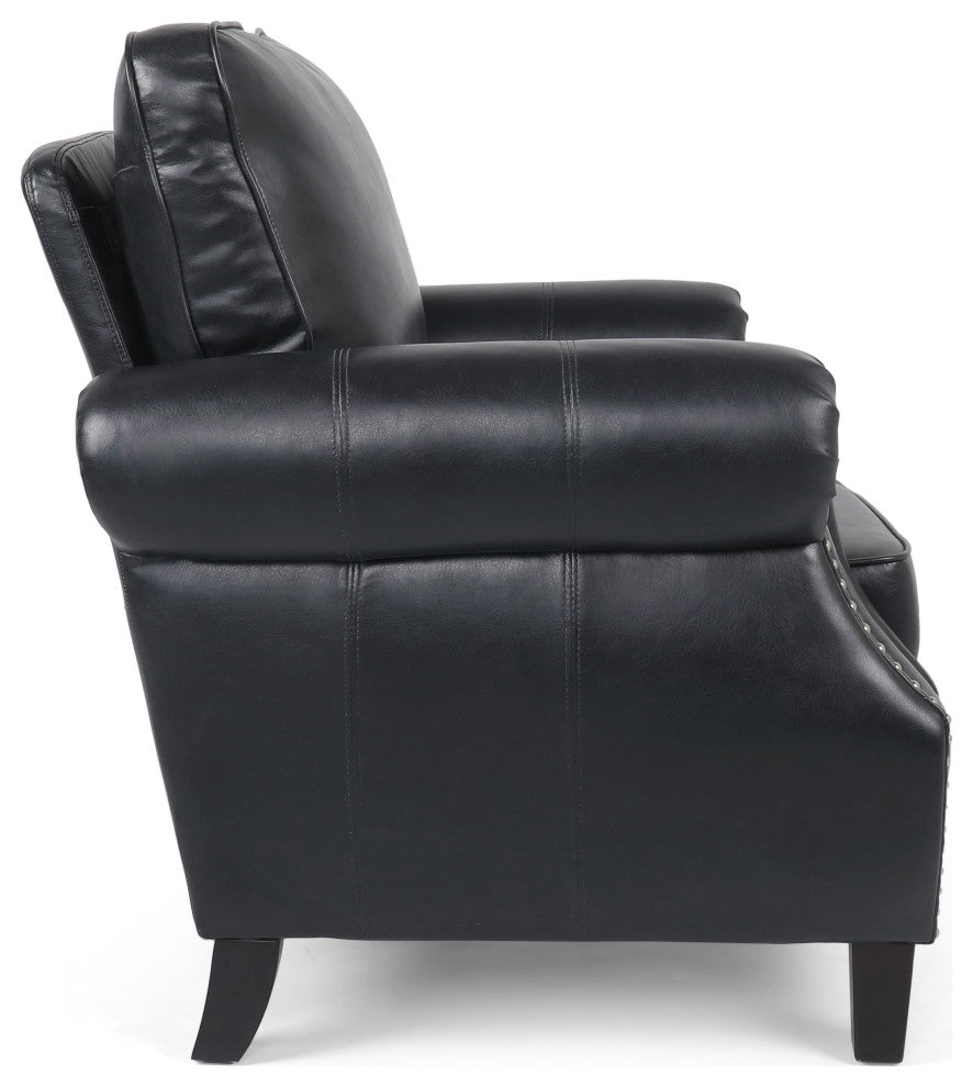 Burkehaven Contemporary Faux Leather Club Chair With Nailhead Trim, Midnight Black/Dark Brown